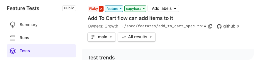 Screenshot of a test with labels categorizing the test